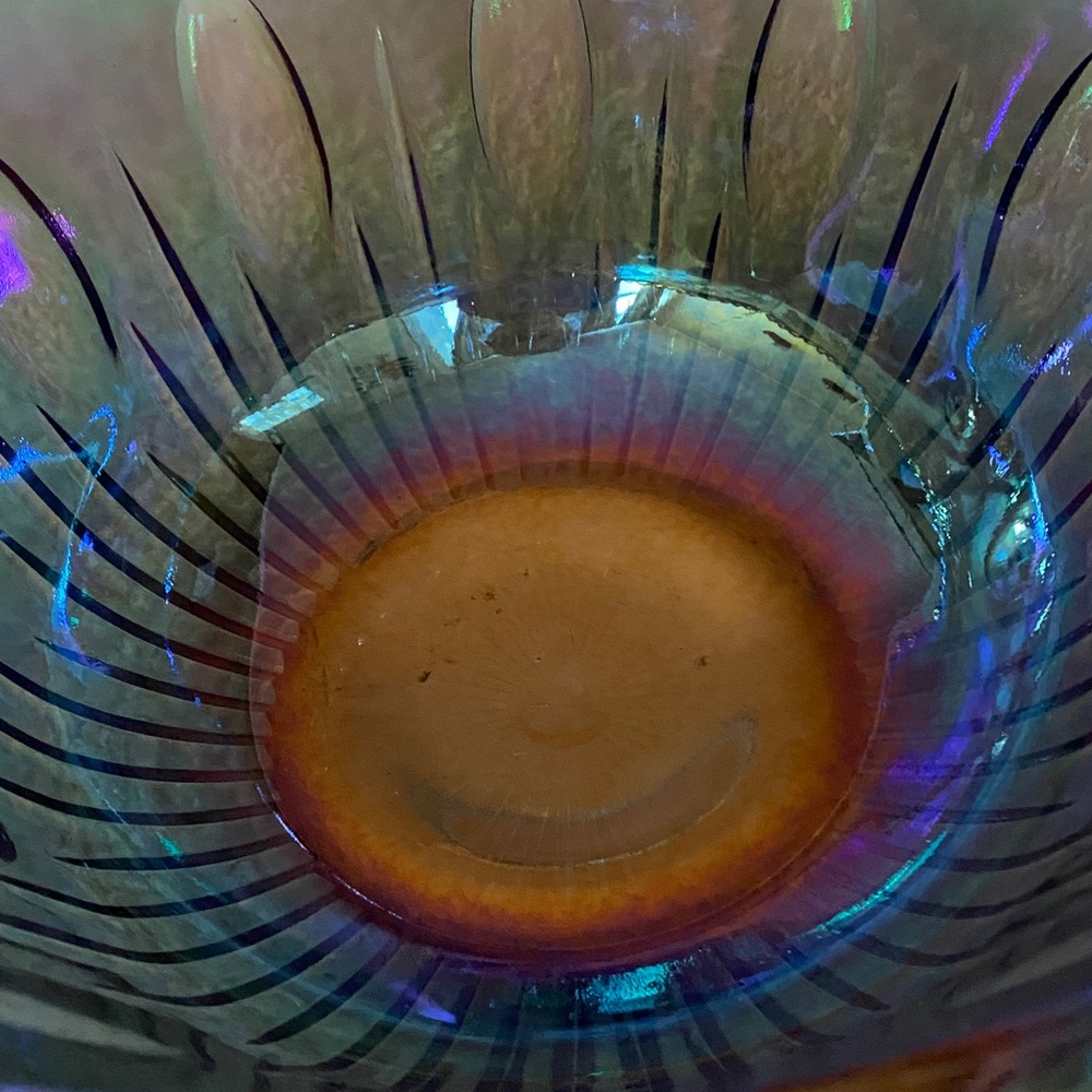 Iridescent Carnival Glass Decorative Punch Bowl Blue Green - Picture 15 of 15